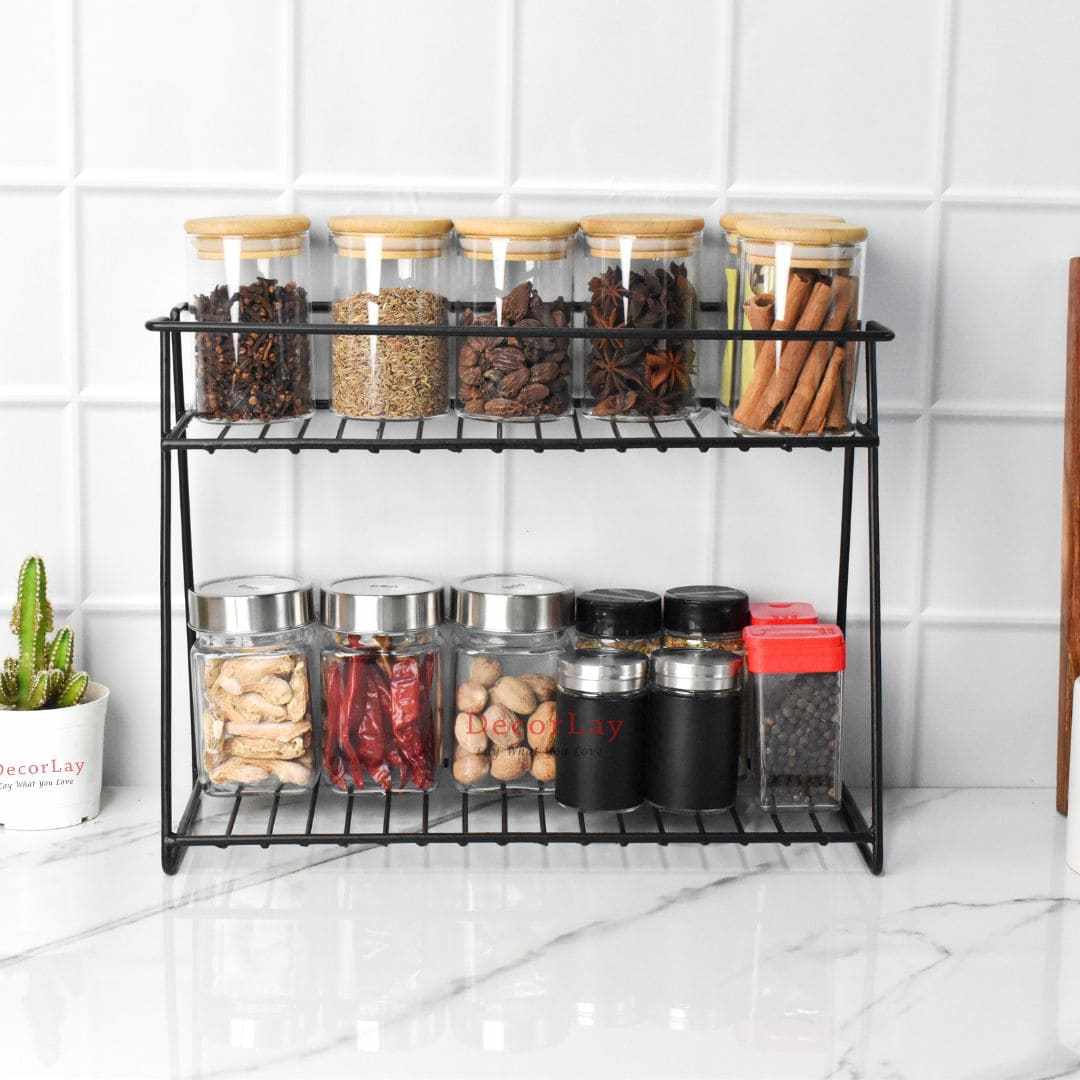 Iron 2-Tier Space Saving Spice Storage Kitchen Shelves 28x15x37cm - Decorlay