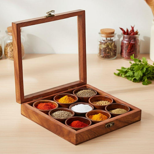 Wooden Spice Box with Spoon 9 Containers 1000