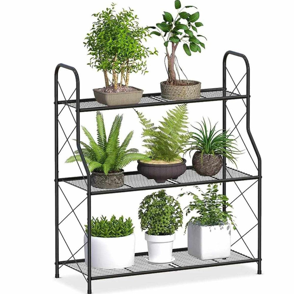 Metal Foldable 3 Tier Plant Stand Natural Flower Pot Holder Plant Area Organizer