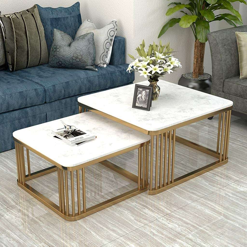 Metal Modern Nesting Coffee Table with Marble Texture Wood Set of 2 - Decorlay