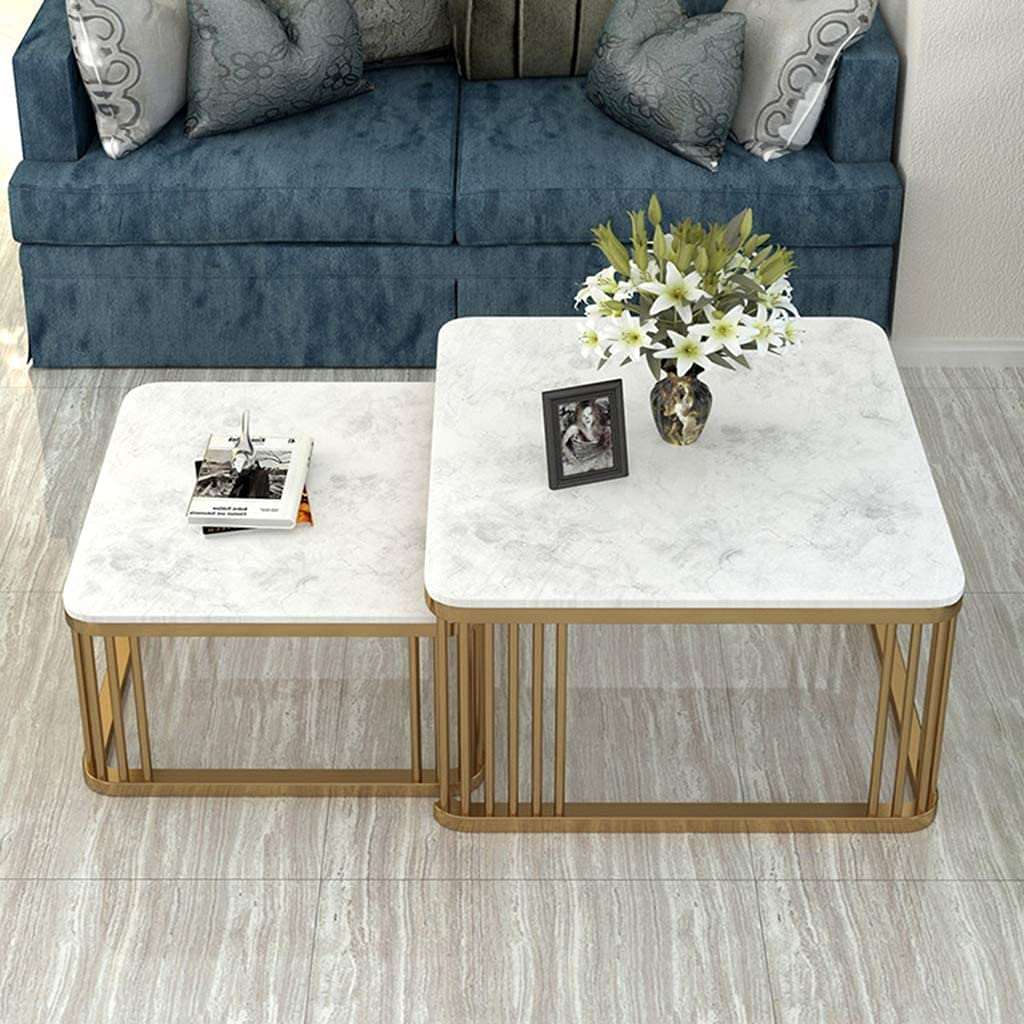 Metal Modern Nesting Coffee Table with Marble Texture Wood Set of 2 - Decorlay