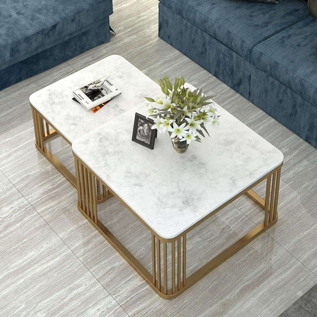 Metal Modern Nesting Coffee Table with Marble Texture Wood Set of 2 - Decorlay