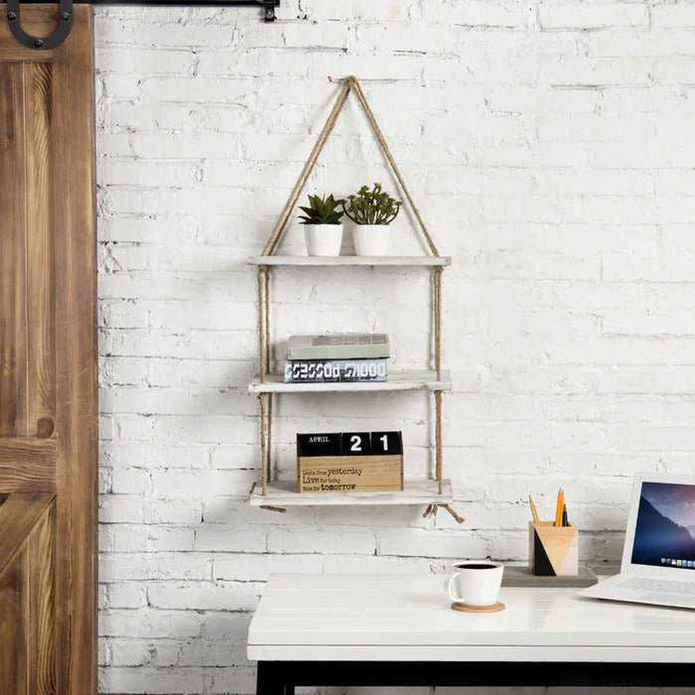 Multi Layer Solid Wood Handmade Macrame 3 Tiered Rope Hanging Wall Shelves - Decorlay