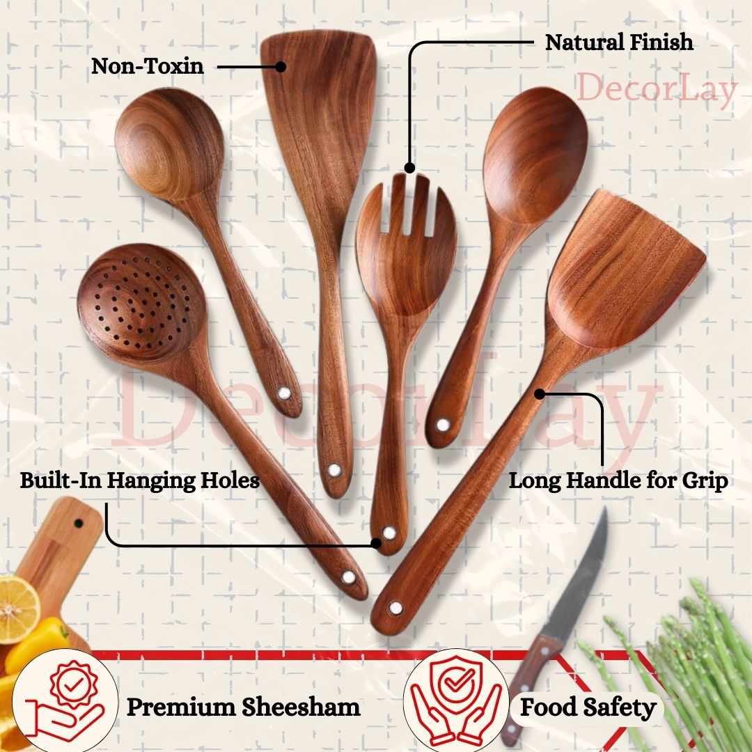 Natural Wooden Cooking Spoons and Jar | Set of 6 Spoons, 1 Jar - Decorlay