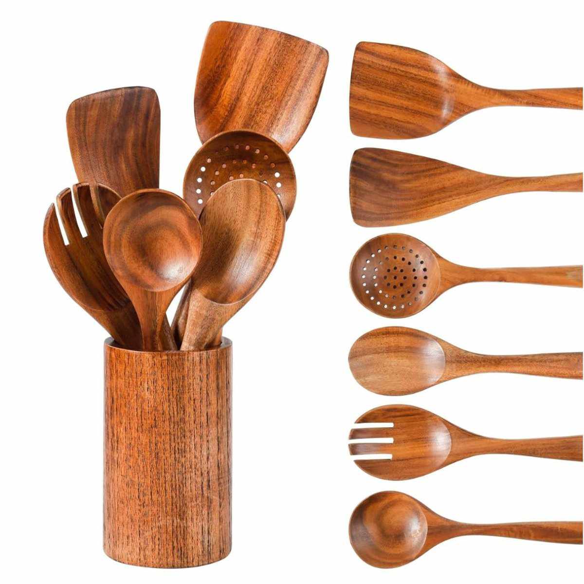 Natural Wooden Cooking Spoons and Jar | Set of 6 Spoons, 1 Jar - Decorlay