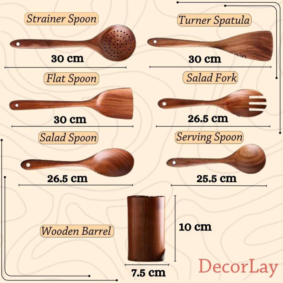 Natural Wooden Cooking Spoons and Jar | Set of 6 Spoons, 1 Jar - Decorlay