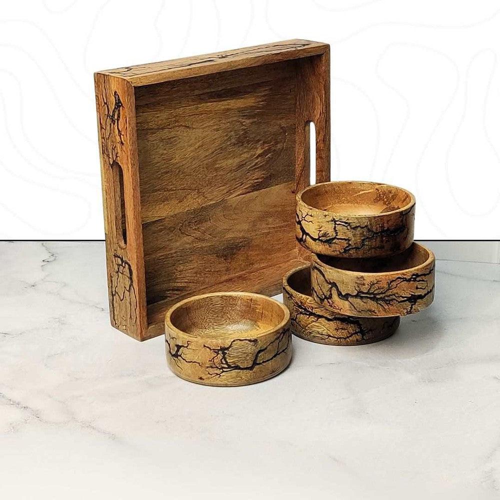 Mango Wood Crackle Design Serving Tray with 4 Bowls Set