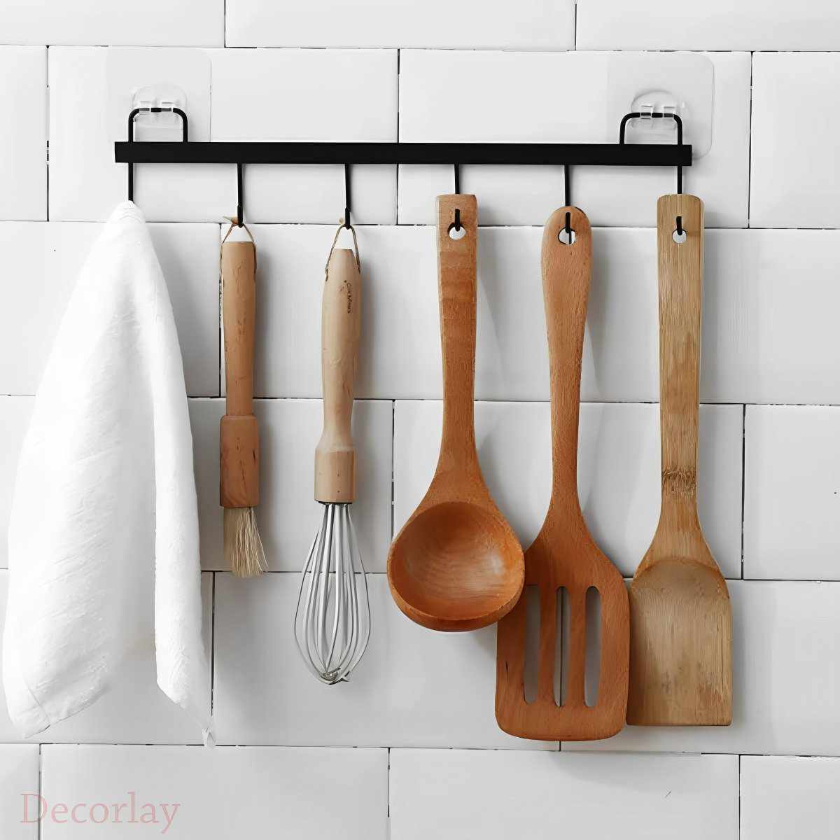 Self Adhesive Wall Mounted Hook with Wooden Spatula Spoons Kitchen & Bathroom Hanging Accessories Utensils - Decorlay