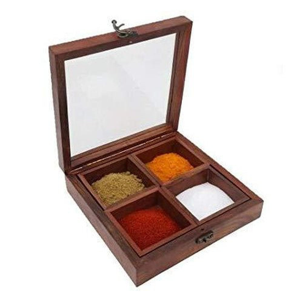 Sheesham Handmade Wooden Spice Box 15.2 x 15.2 x 5.1 cm - Decorlay