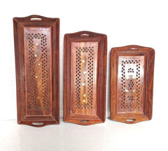 Sheesham Wood Handmade Wooden Serving Tray Set of 3 - Decorlay