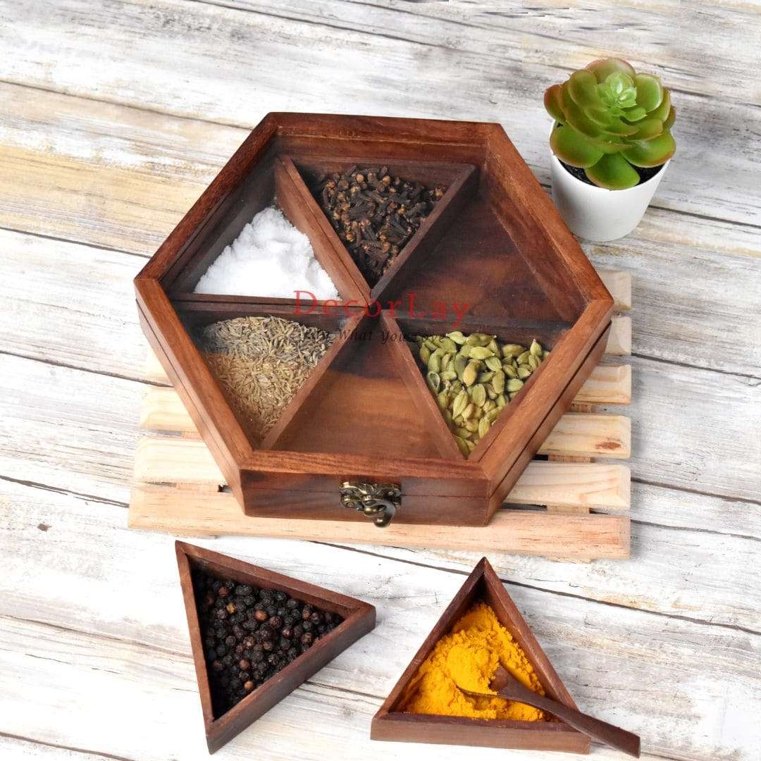 Sheesham Wood Masala Box, Spice Box 6 containers