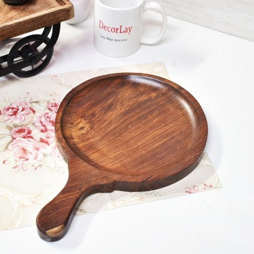 Sheesham Wood Round Pizza Pan/Plate Board with Handle 14 x 10 x 1 inches - Decorlay