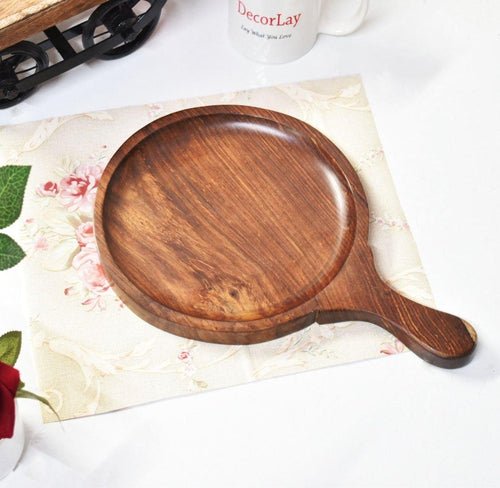 Sheesham Wood Round Pizza Pan/Plate Board with Handle 14 x 10 x 1 inches - Decorlay