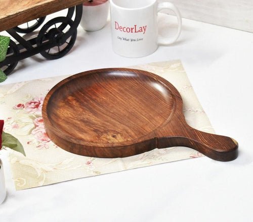 Sheesham Wood Round Pizza Pan/Plate Board with Handle 14 x 10 x 1 inches - Decorlay