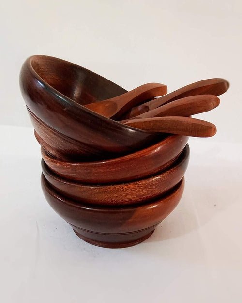 Sheesham Wood Traditional Bowl Set with Spoon, Brown - (Set of 4) 12.7 x 12.7 x 3 Cm - Decorlay