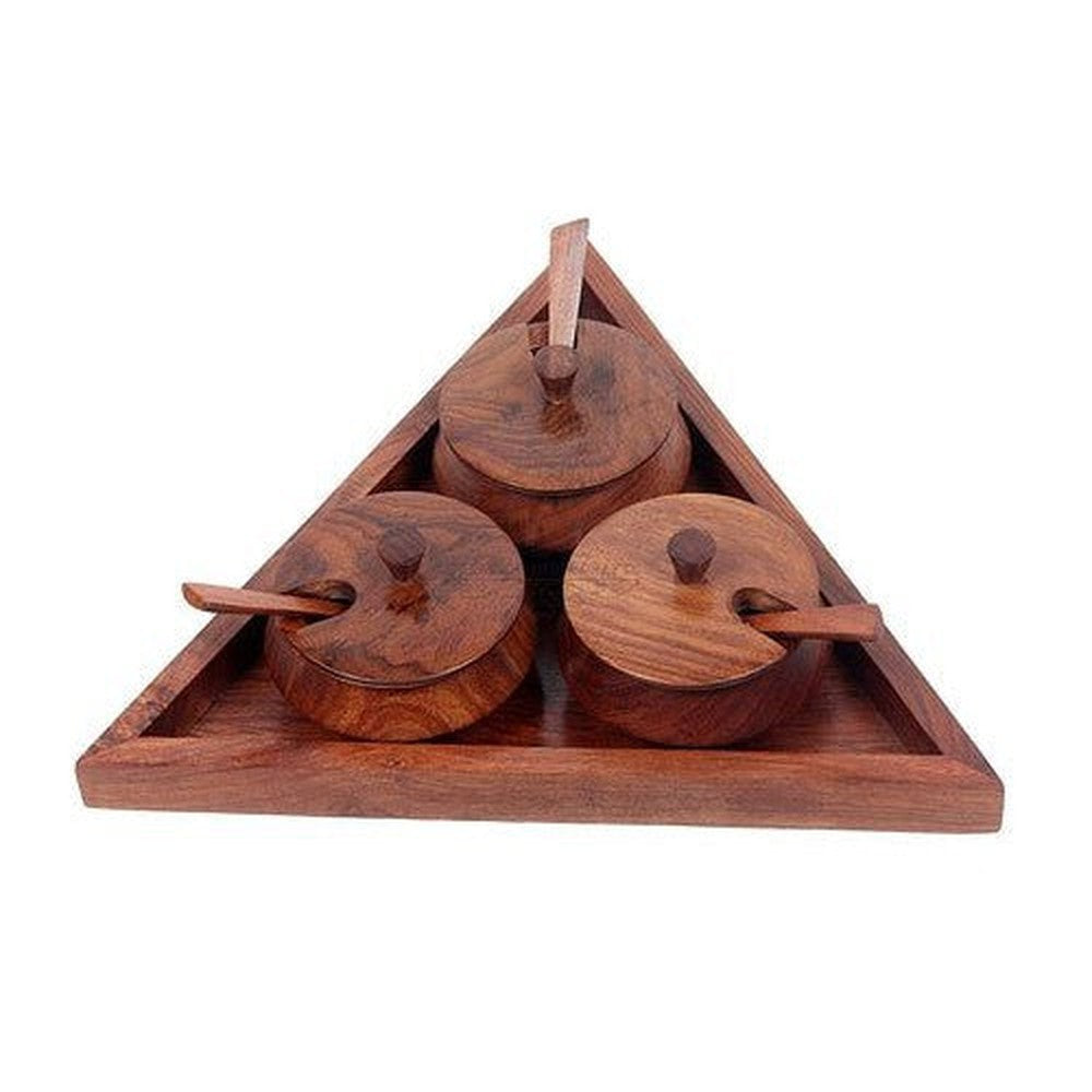 Sheesham Wooden Handmade Triangular Masala Jar Set