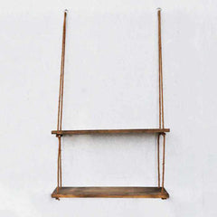 Solid Wood Handmade Macrame 2 Tiered Rope Hanging Wall Shelves - Decorlay