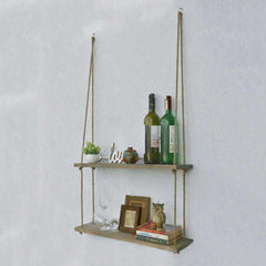 Solid Wood Handmade Macrame 2 Tiered Rope Hanging Wall Shelves - Decorlay