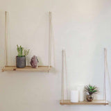 Solid Woodem Handmade Macrame Rope Hanging Wall shelves Set of 2 - Decorlay