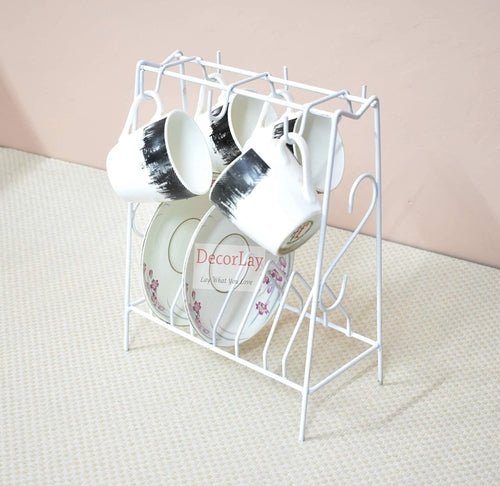 Space Saving Wrought Iron Cup and Saucer Stand Cup Holder White - Decorlay