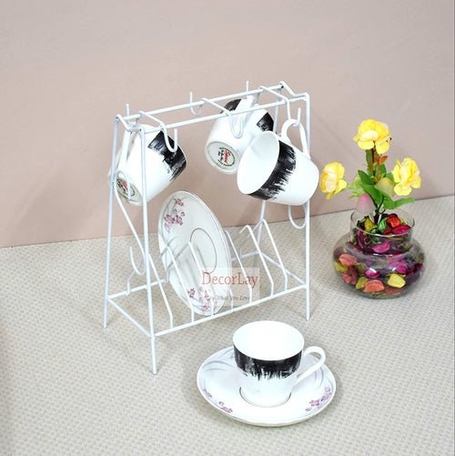 Space Saving Wrought Iron Cup and Saucer Stand Cup Holder White - Decorlay