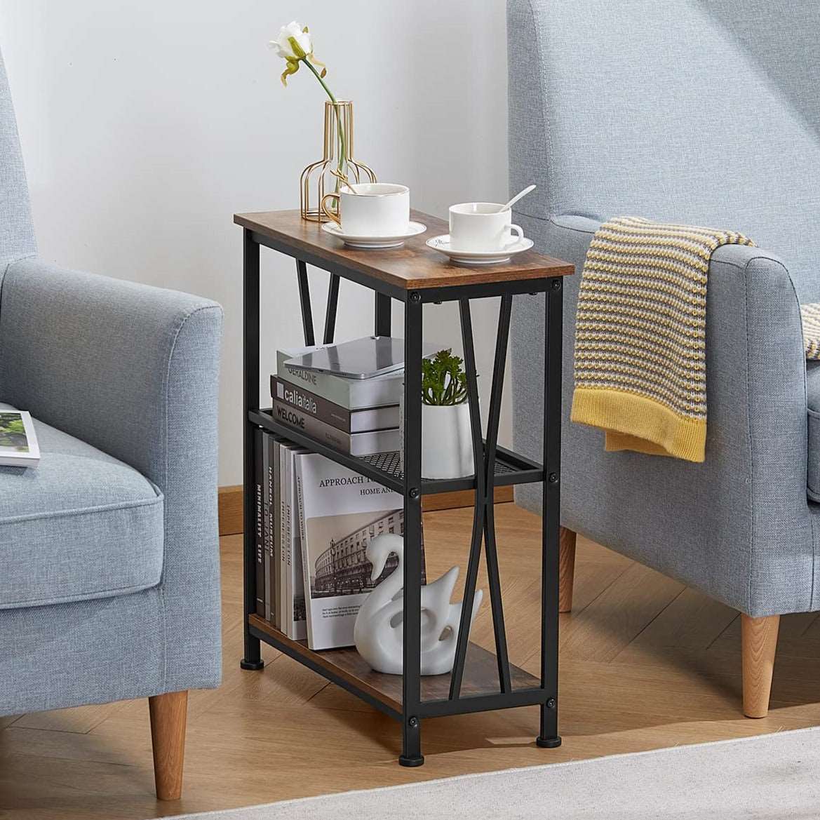 Vintage Table Simple Rustic Side Table with 3-Tier Storage Shelves, Slim Bedside Couch Table