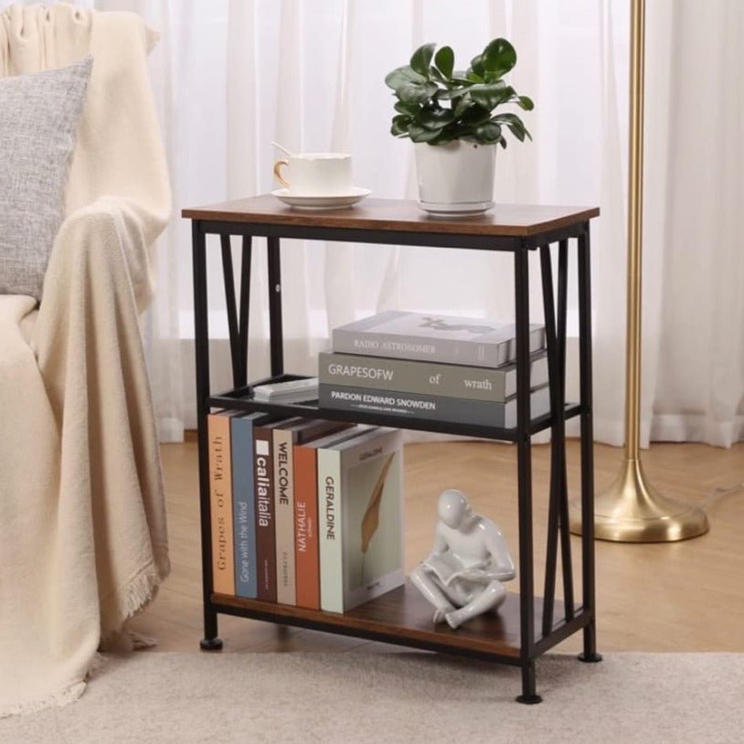 Vintage Table Simple Rustic Side Table with 3-Tier Storage Shelves, Slim Bedside Couch Table