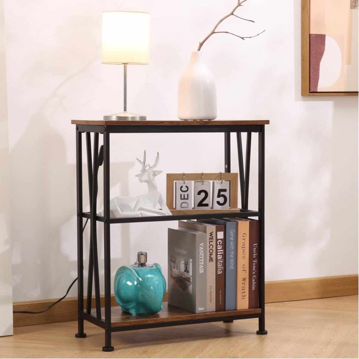 Vintage Table Simple Rustic Side Table with 3-Tier Storage Shelves, Slim Bedside Couch Table