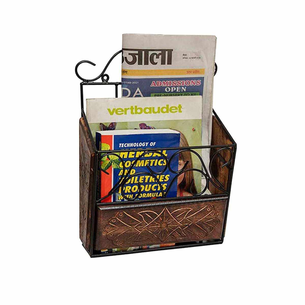 Wood and Iron Modern Magazine Newspaper and Book Wall Rack - Decorlay