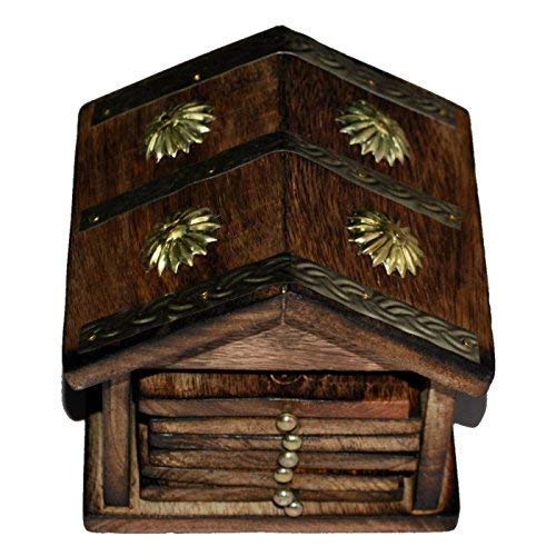 Wooden and Brass Antique Hut Shape Coaster Set for Home Decor - Decorlay