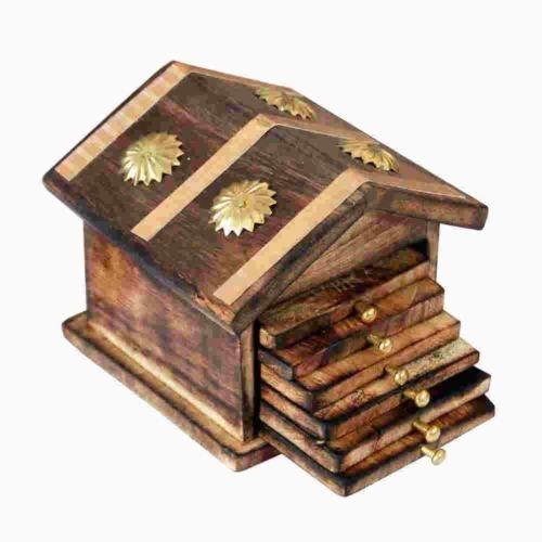 Wooden and Brass Antique Hut Shape Coaster Set for Home Decor - Decorlay