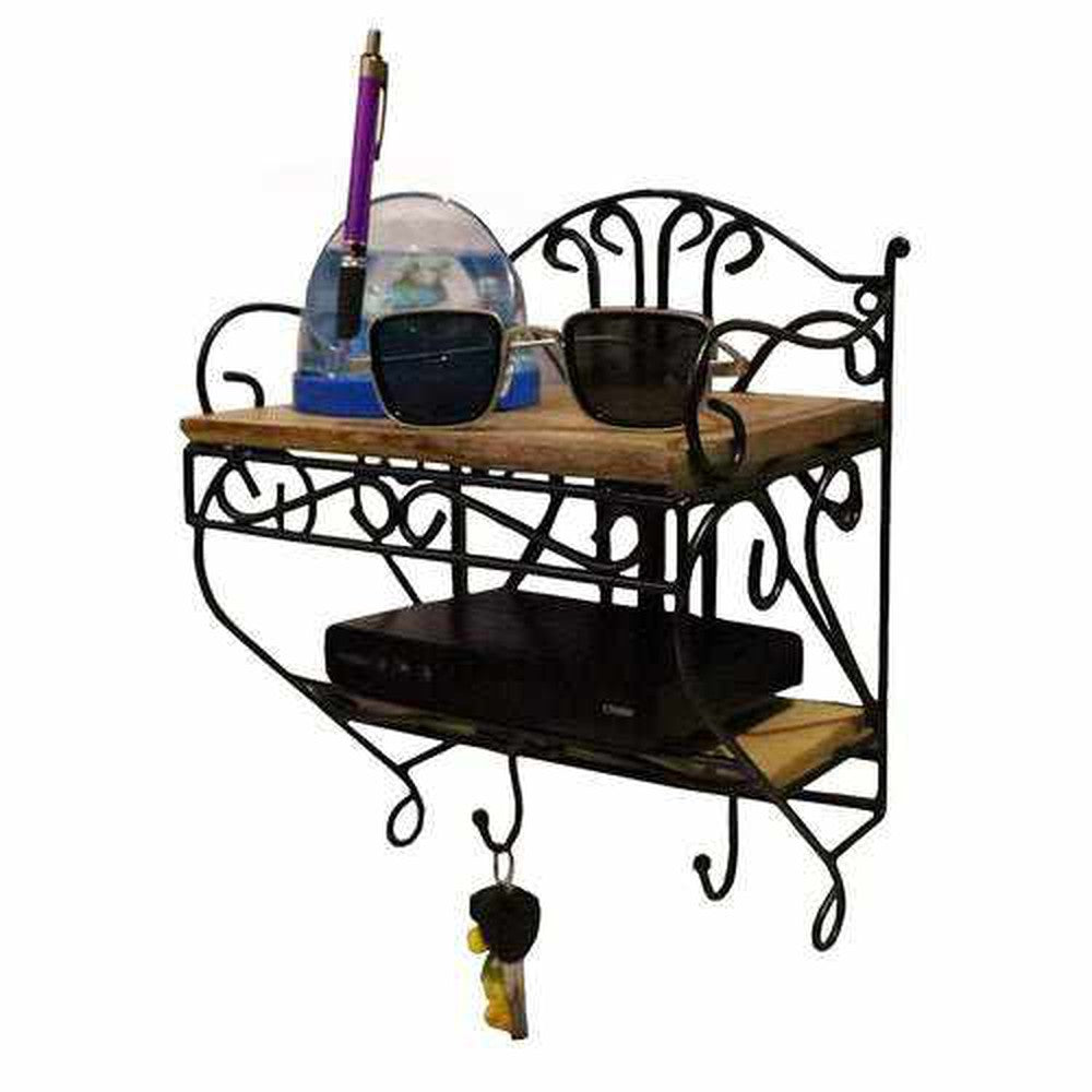 Wooden and Iron Wall Shelf for Set Top Box, Showpiece with Key Holder - Decorlay