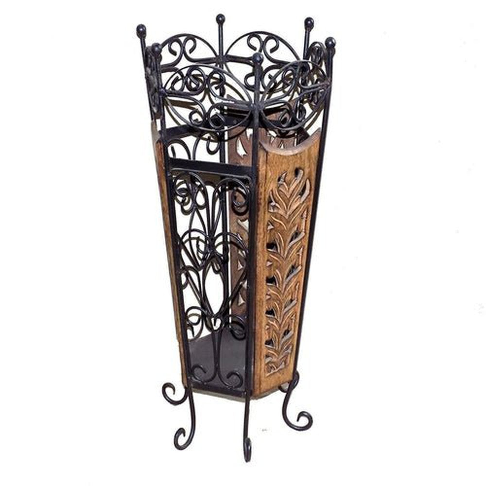 Wooden and Wrought Iron Umbrella Stand, 9.5x11x21-inches, Brown - Decorlay