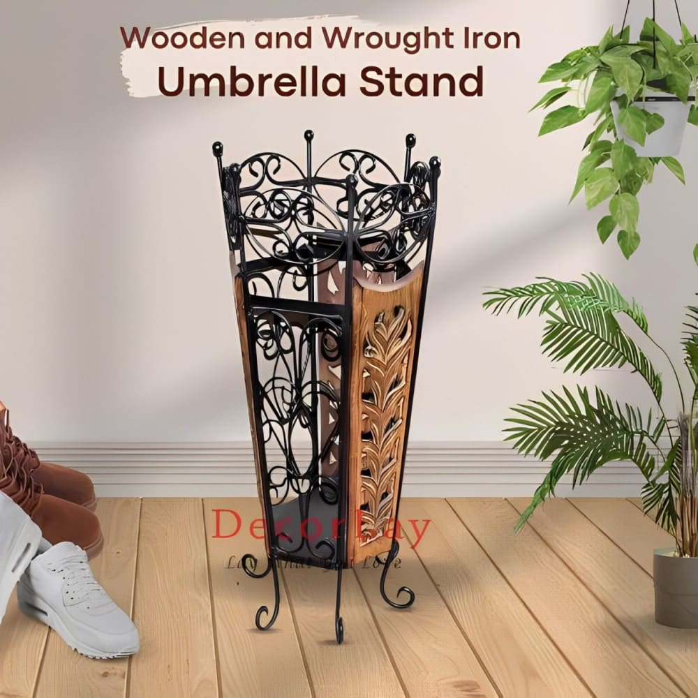 Wooden and Wrought Iron Umbrella Holder