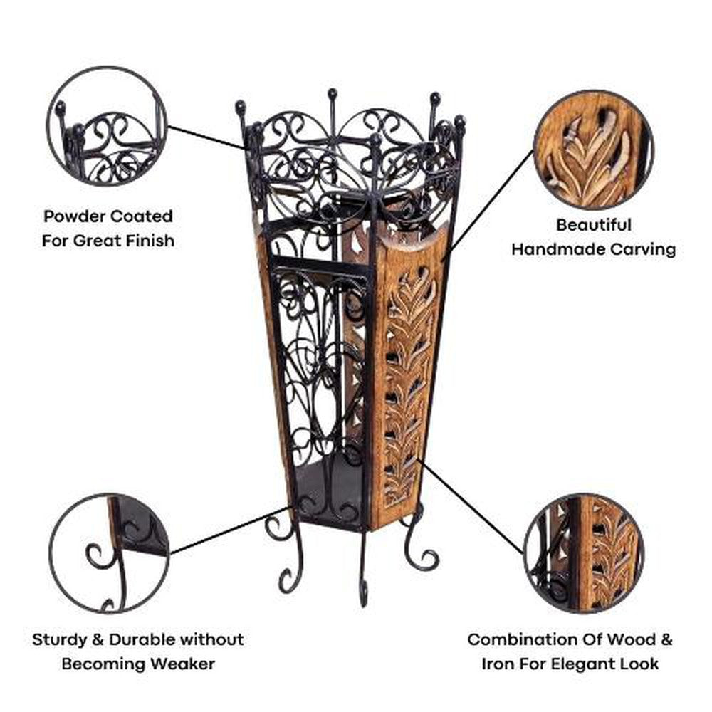 Wooden and Wrought Iron Umbrella Stand, 9.5x11x21-inches, Brown - Decorlay