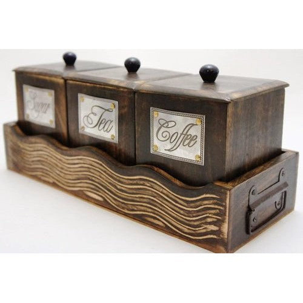 Wooden Container Set, One Set with Three Container for Coffee, Tea Sugar with Lid Brown Color 14 x 5.5 x 6 inches - Decorlay