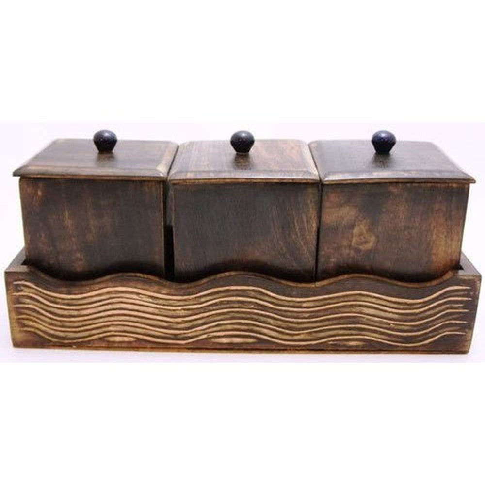 Wooden Container Set, One Set with Three Container for Coffee, Tea Sugar with Lid Brown Color 14 x 5.5 x 6 inches - Decorlay