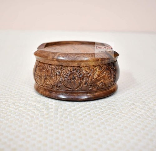 wooden Decorative Hand Carved Coaster with Holder Tabletop Coasters - Decorlay