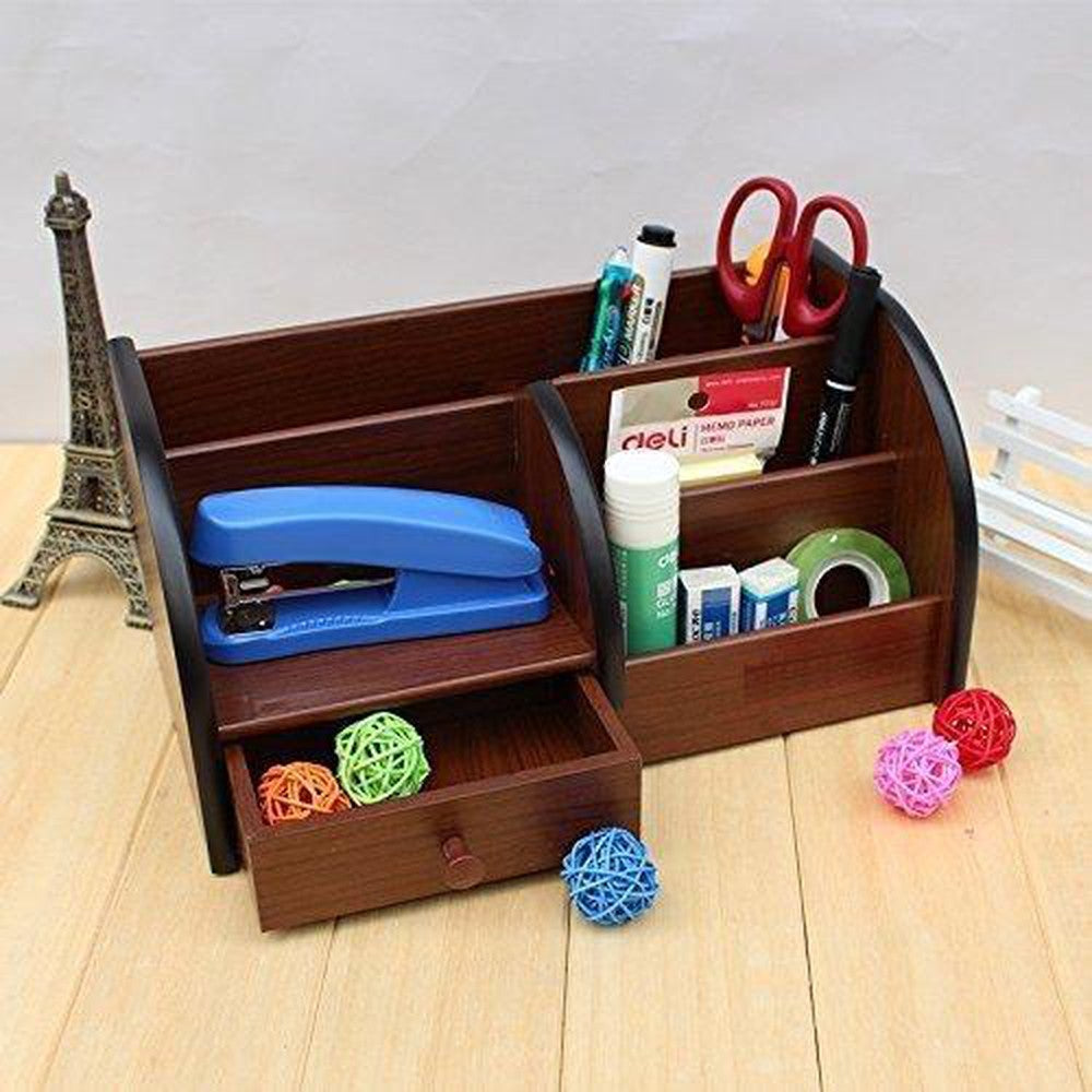 Wooden Desk Organizer Pen/Pencil Stand with Drawer 14.5x21.0x14.5 cm - Decorlay