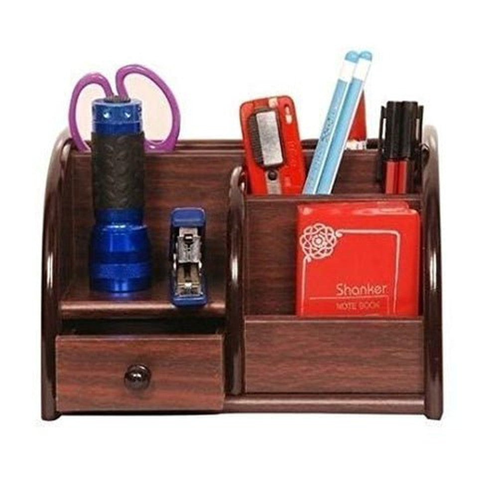 Wooden Desk Organizer Pen/Pencil Stand with Drawer 14.5x21.0x14.5 cm - Decorlay