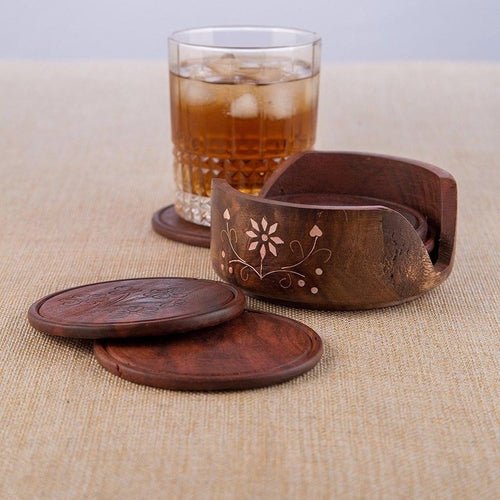 Wooden Drink Coasters Set of 6 with Beautiful Holder 3.5x3.5x3 inches - Decorlay