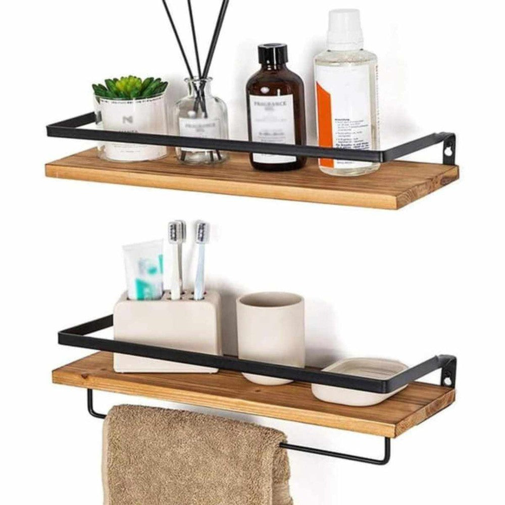 Wooden Floating Wall Mounted Shelf with Towel Rack Shelves Rustic Storage Shelves - Decorlay