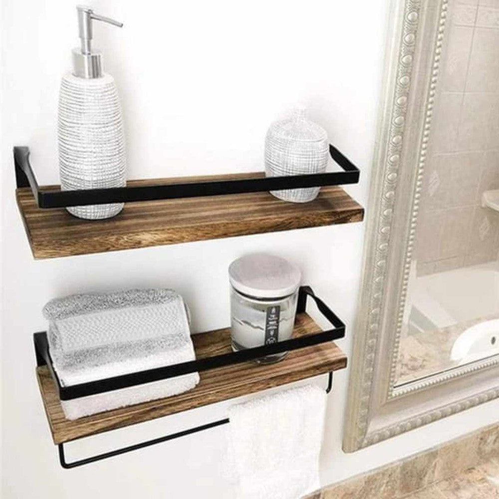 Wooden Floating Wall Mounted Shelf with Towel Rack Shelves Rustic Storage Shelves - Decorlay