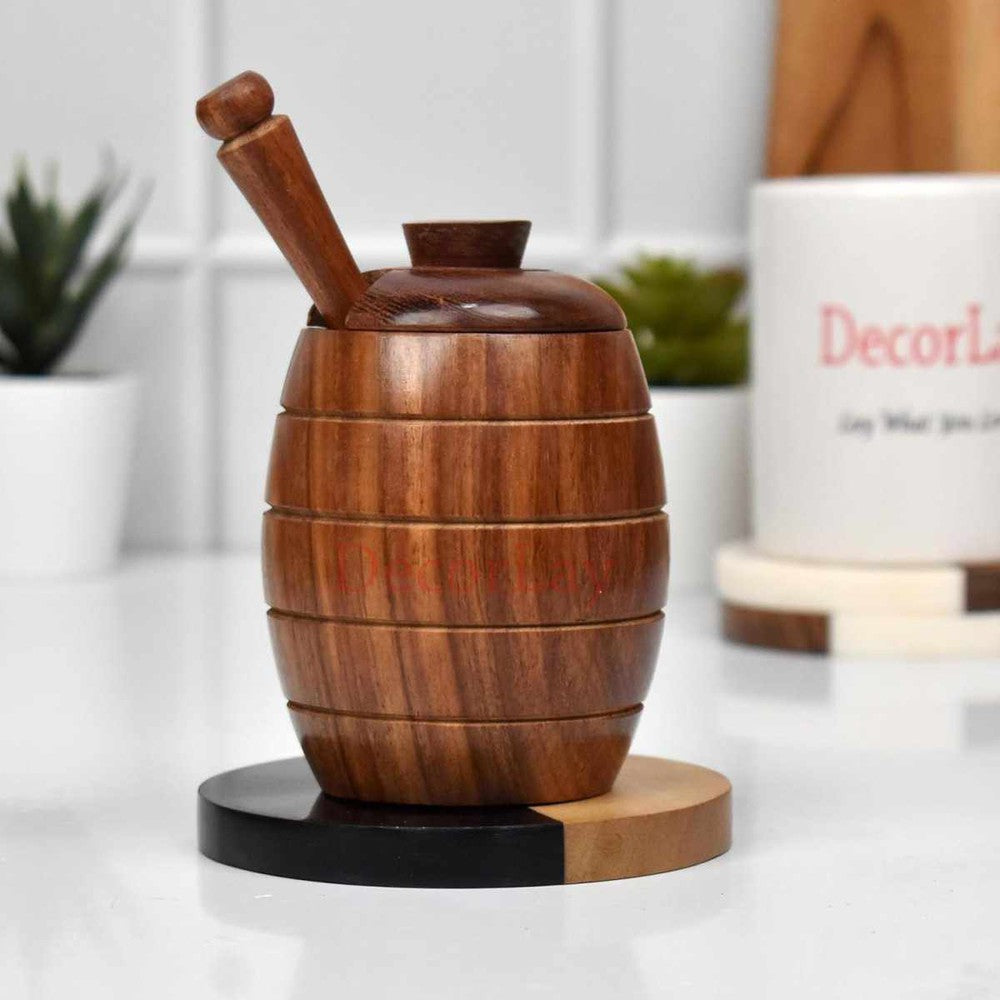 Wooden Handmade Honey Jar with Dipper