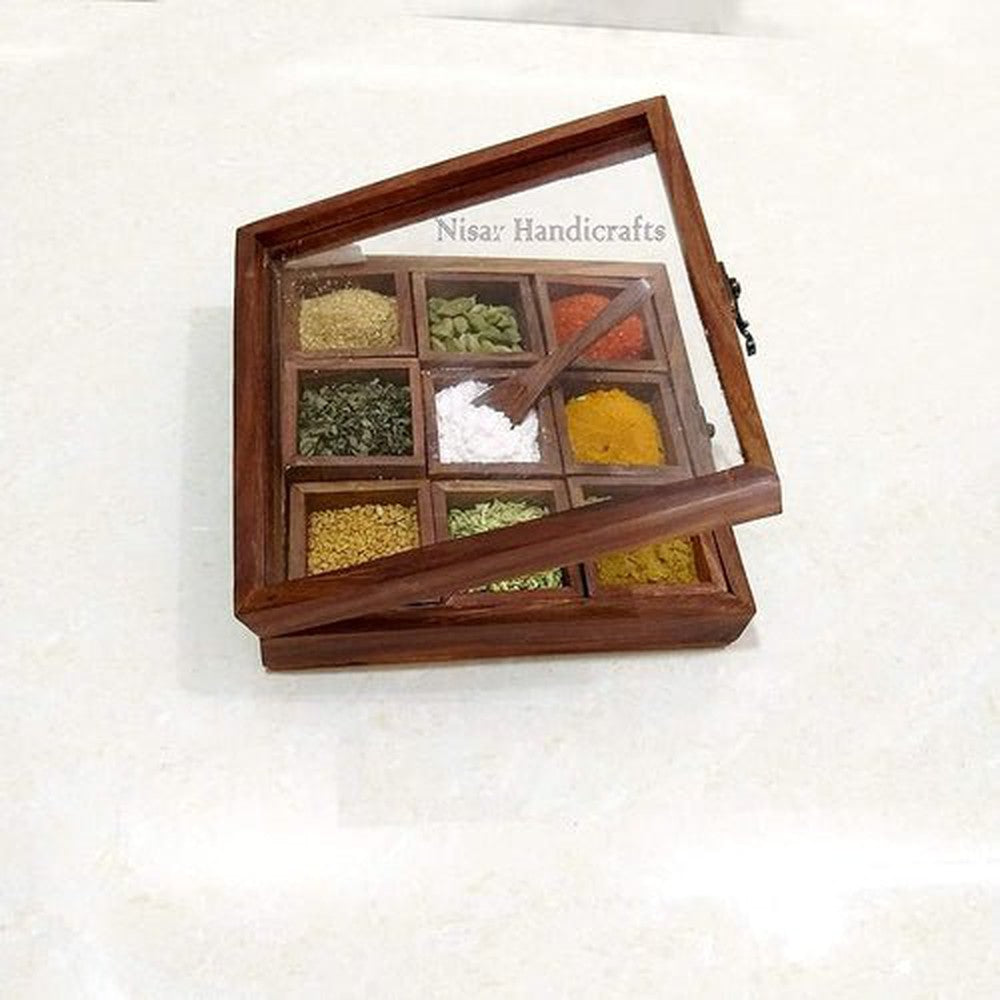 Wooden Handmade square masala box 9 Compartments - Decorlay