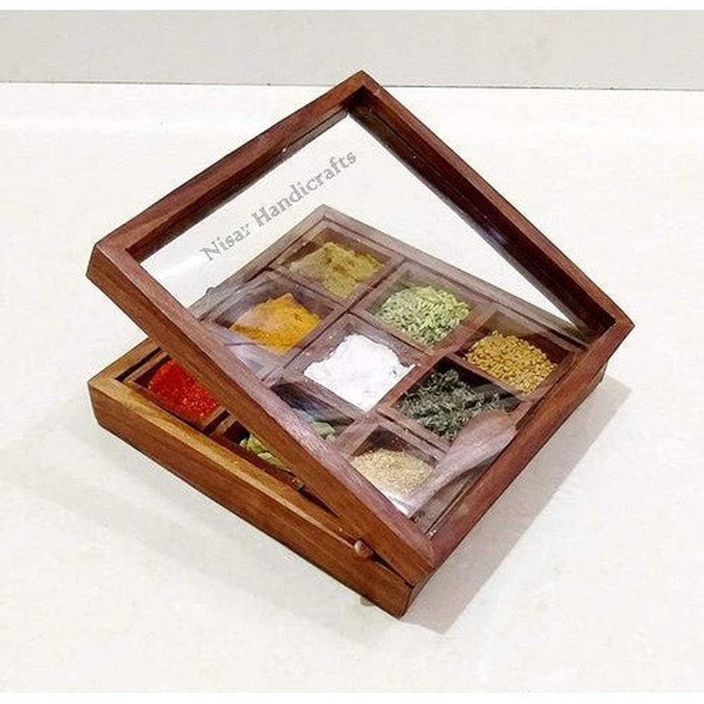 Wooden Handmade square masala box 9 Compartments - Decorlay