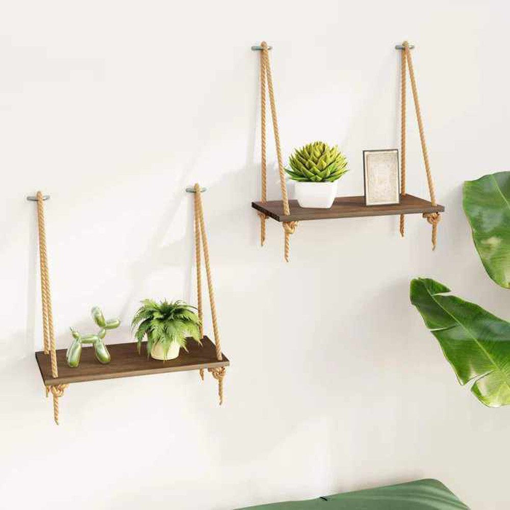 Wooden Handmade Wall Hanging Rope Shelves For Multiuses Set of 2 - Decorlay