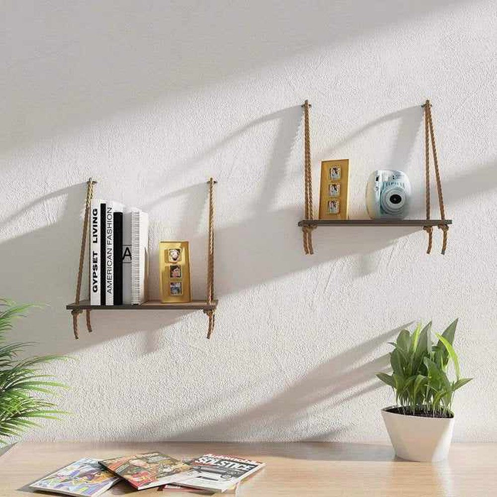 Wooden Handmade Wall Hanging Rope Shelves For Multiuses Set of 2 - Decorlay