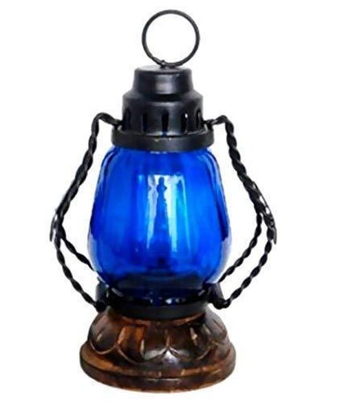 Wooden & Iron Handmade Blue Colored Chimney Lantern/Glass - Decorlay