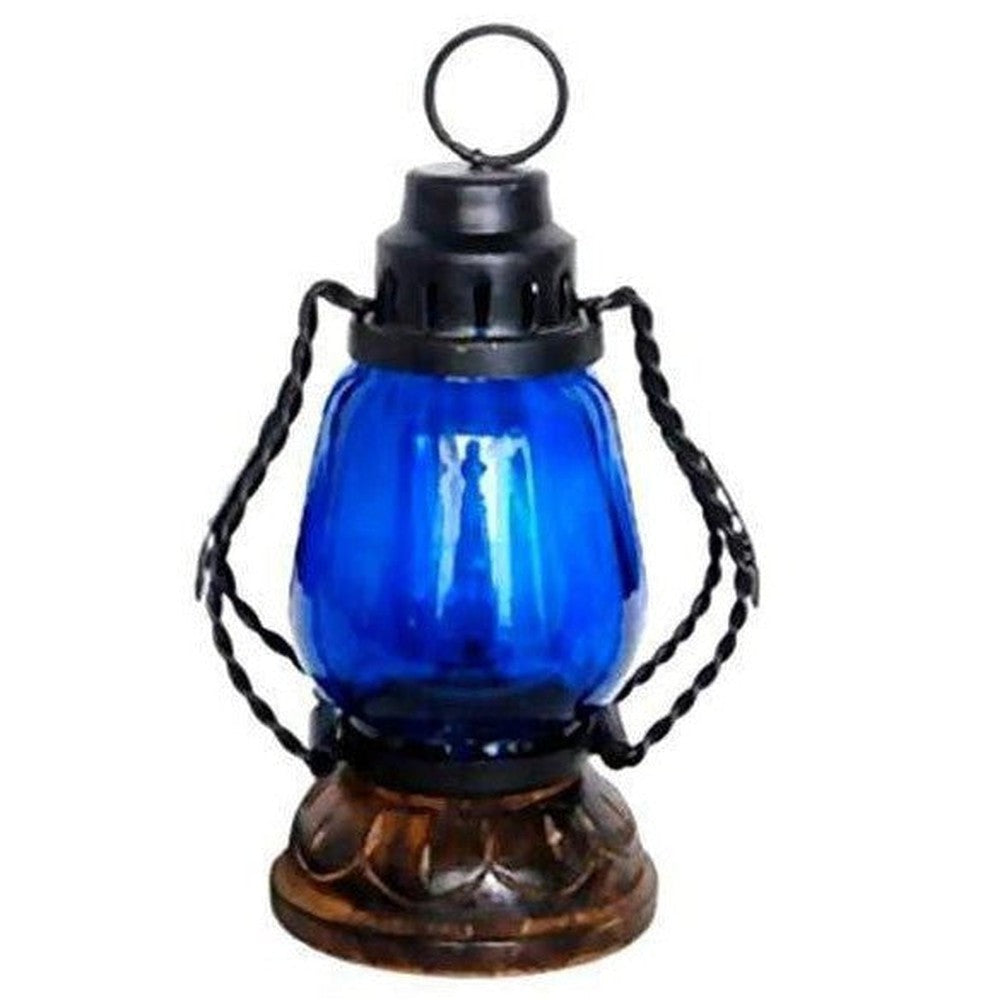 Wooden & Iron Handmade Blue Colored Chimney Lantern/Glass